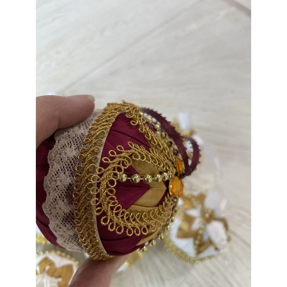 Vtg Handmade Folded Star Quilted Fabric Christmas Ornaments Gold White Lot of 10